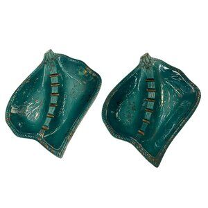 Vintage Ceramic Ashtray Leaf Shape Japan Green Swirl Glazed‎ MCM Retro Set Of 2